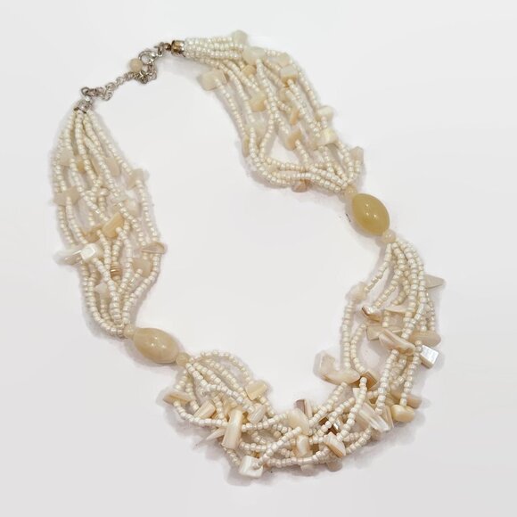 Boho Necklace, Shell, Glass, MOP, Cream, Vintage, Beaded, Multi Strand, Neutral, - Picture 5 of 5